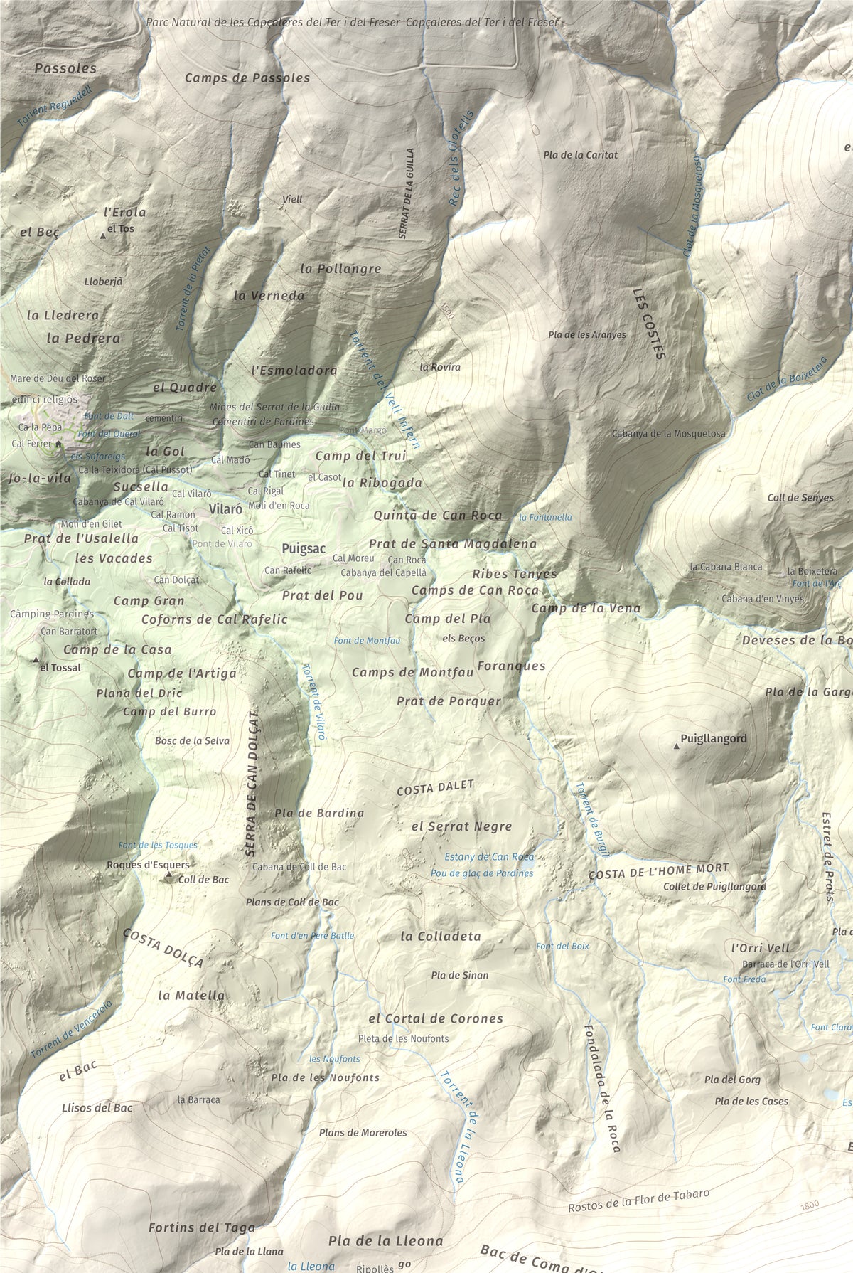 Mapa de relieve de Puig Estela, 2013 m, Ripollès, lámina 100 Cims de Trobart. Detalle de la zona superior izquierda. 61 × 91 cm.