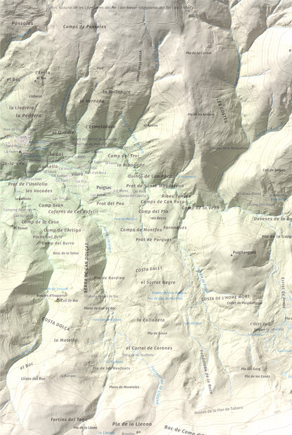 Mapa de relieve de Puig Estela, 2013 m, Ripollès, lámina 100 Cims de Trobart. Detalle de la zona superior izquierda. 61 × 91 cm.