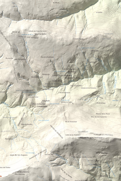 Mapa de relieve de Puig Estela, 2013 m, Ripollès, lámina 100 Cims de Trobart. Detalle de la zona superior derecha. 61 × 91 cm.