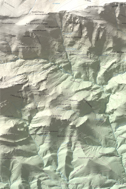 Mapa de relieve de Puig Estela, 2013 m, Ripollès, lámina 100 Cims de Trobart. Detalle de la zona inferior izquierda. 61 × 91 cm.