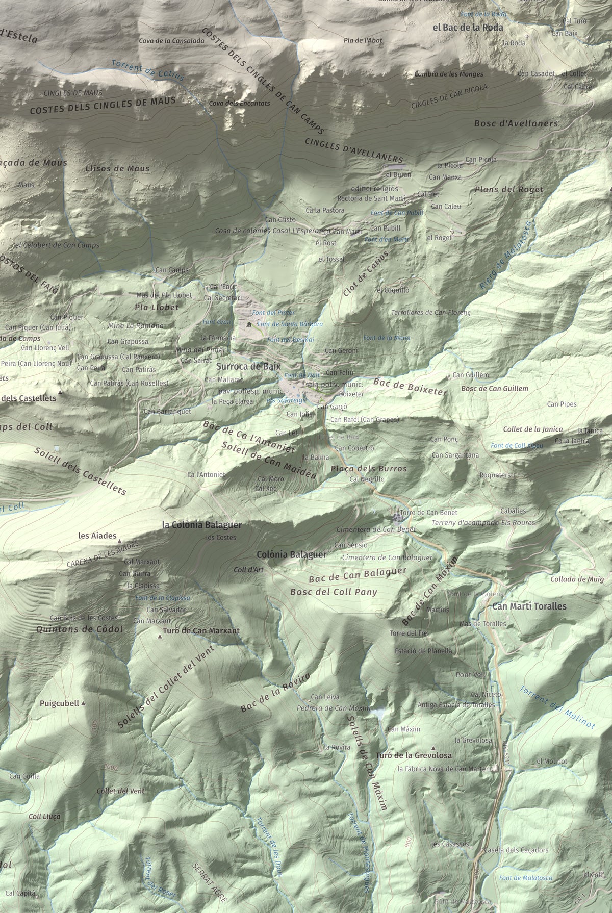 Mapa de relieve de Puig Estela, 2013 m, Ripollès, lámina 100 Cims de Trobart. Detalle de la zona inferior derecha. 61 × 91 cm.