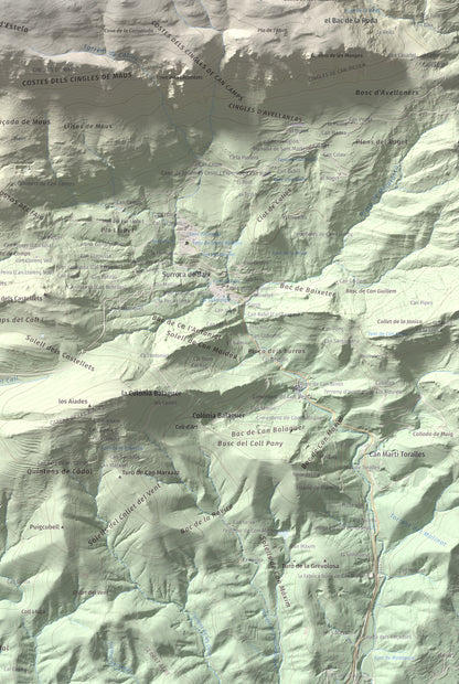 Mapa de relieve de Puig Estela, 2013 m, Ripollès, lámina 100 Cims de Trobart. Detalle de la zona inferior derecha. 61 × 91 cm.