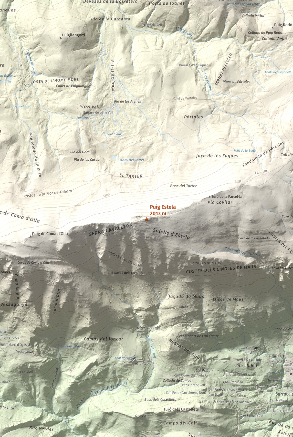 Mapa de relieve de Puig Estela, 2013 m, Ripollès, lámina 100 Cims de Trobart. Detalle de la zona central. 61 × 91 cm.