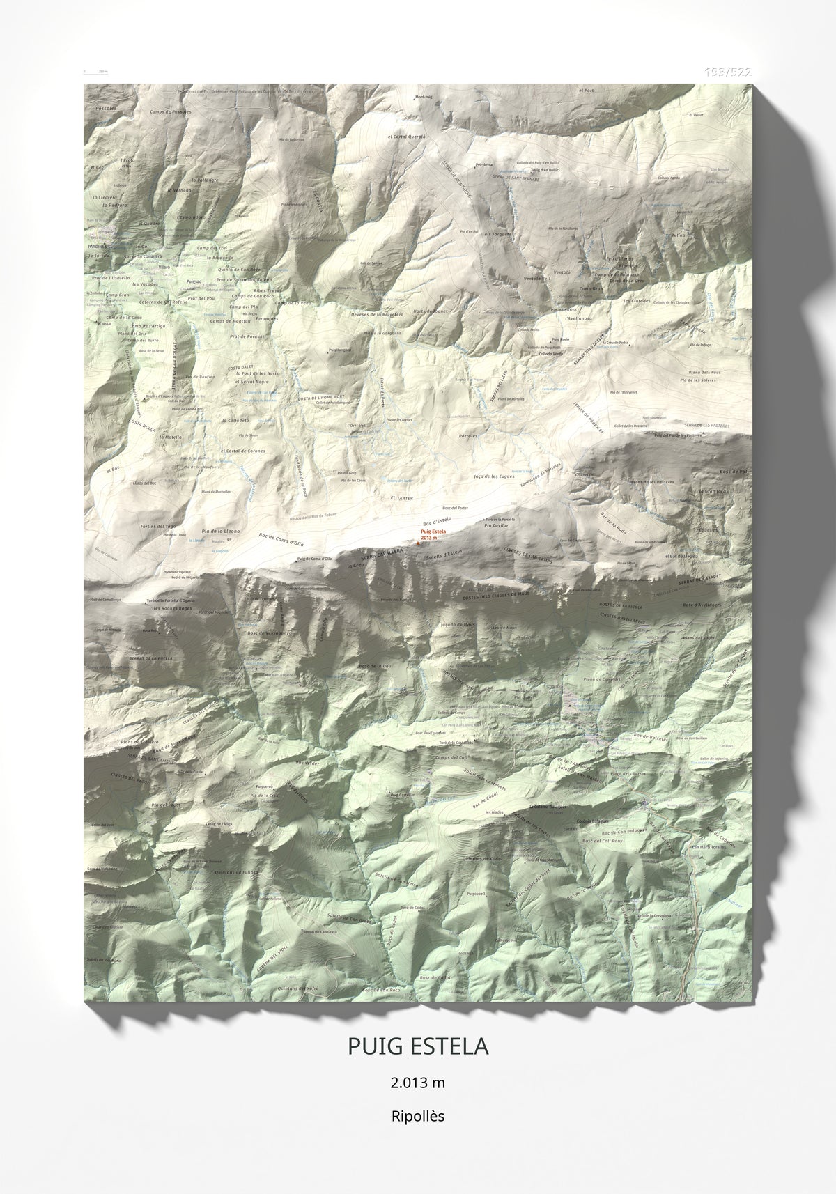 Mapa de relieve de Puig Estela, 2013 m, Ripollès, lámina 100 Cims de Trobart 70 × 100 cm.