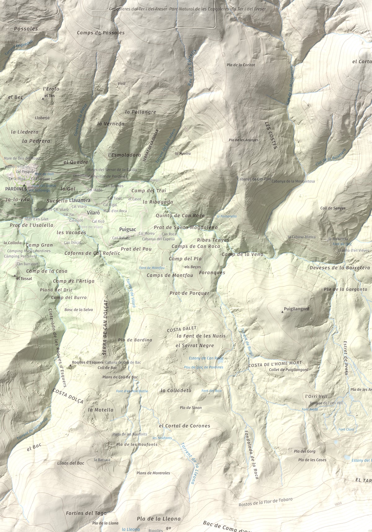 Mapa de relieve de Puig Estela, 2013 m, Ripollès, lámina 100 Cims de Trobart. Detalle de la zona superior izquierda. 70 × 100 cm.