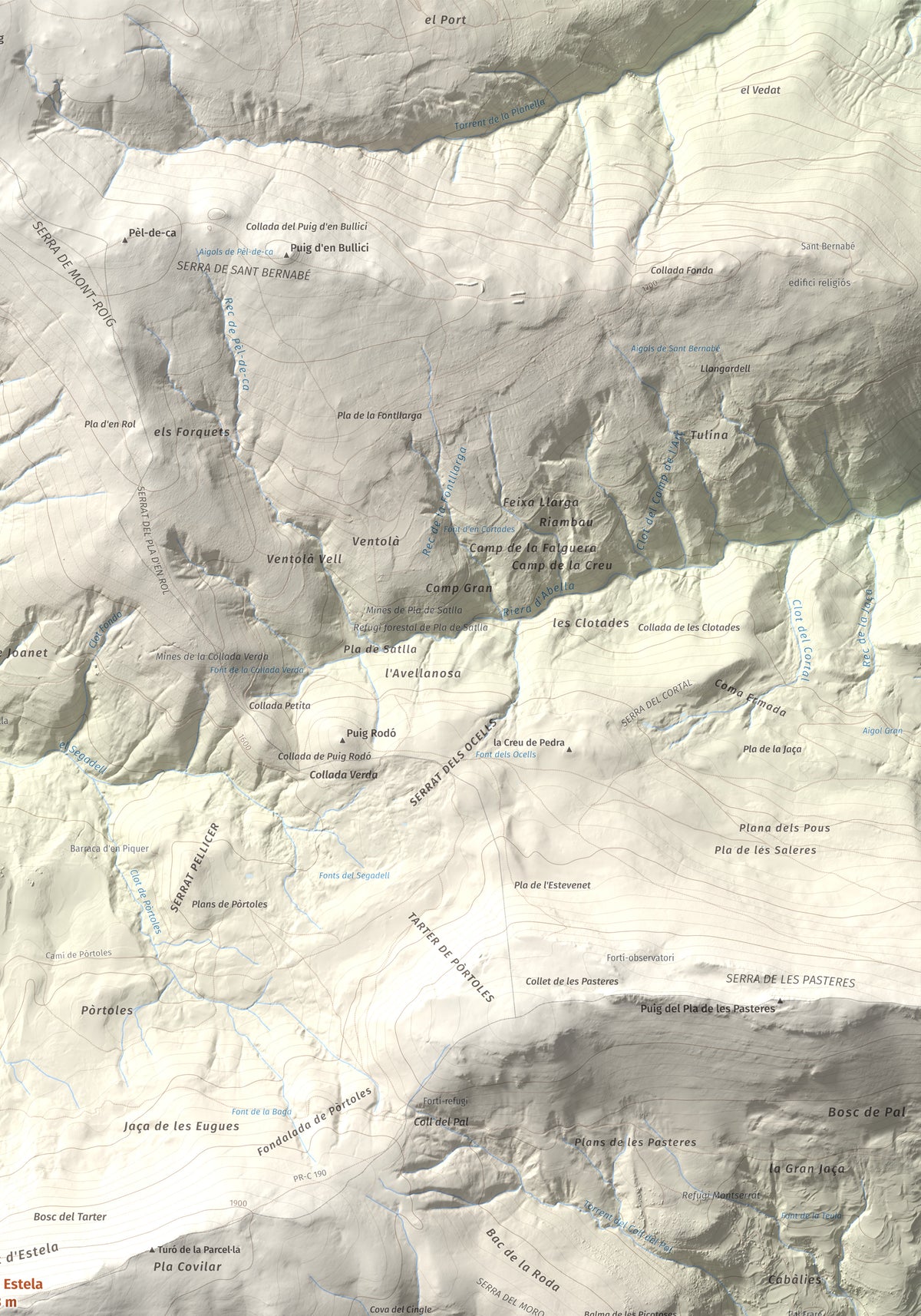 Mapa de relieve de Puig Estela, 2013 m, Ripollès, lámina 100 Cims de Trobart. Detalle de la zona superior derecha. 70 × 100 cm.