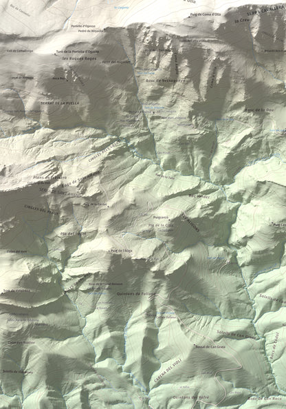 Mapa de relieve de Puig Estela, 2013 m, Ripollès, lámina 100 Cims de Trobart. Detalle de la zona inferior izquierda. 70 × 100 cm.