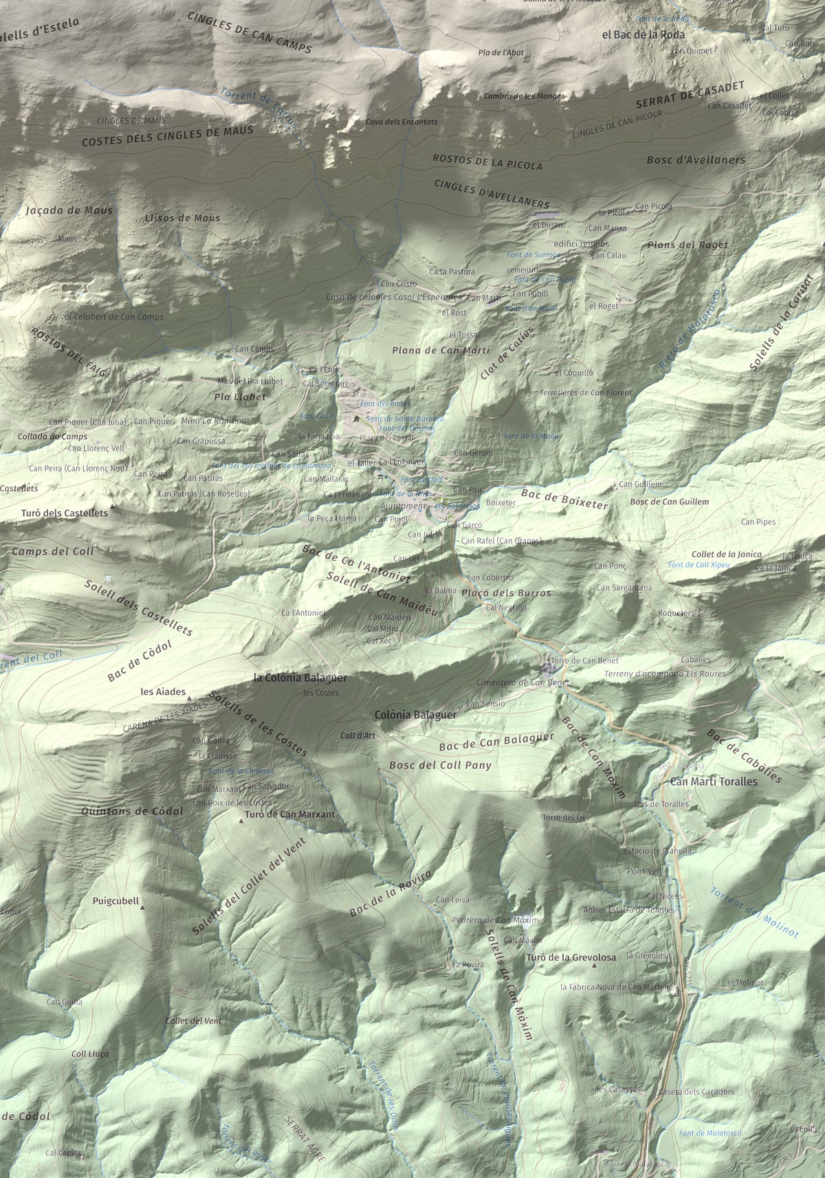Mapa de relieve de Puig Estela, 2013 m, Ripollès, lámina 100 Cims de Trobart. Detalle de la zona inferior derecha. 70 × 100 cm.