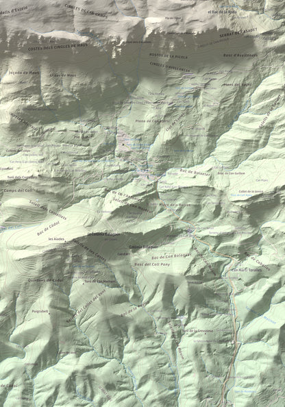 Mapa de relieve de Puig Estela, 2013 m, Ripollès, lámina 100 Cims de Trobart. Detalle de la zona inferior derecha. 70 × 100 cm.