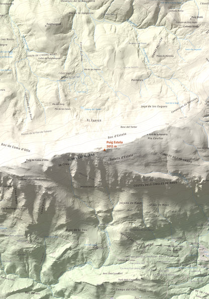 Mapa de relieve de Puig Estela, 2013 m, Ripollès, lámina 100 Cims de Trobart. Detalle de la zona central. 70 × 100 cm.