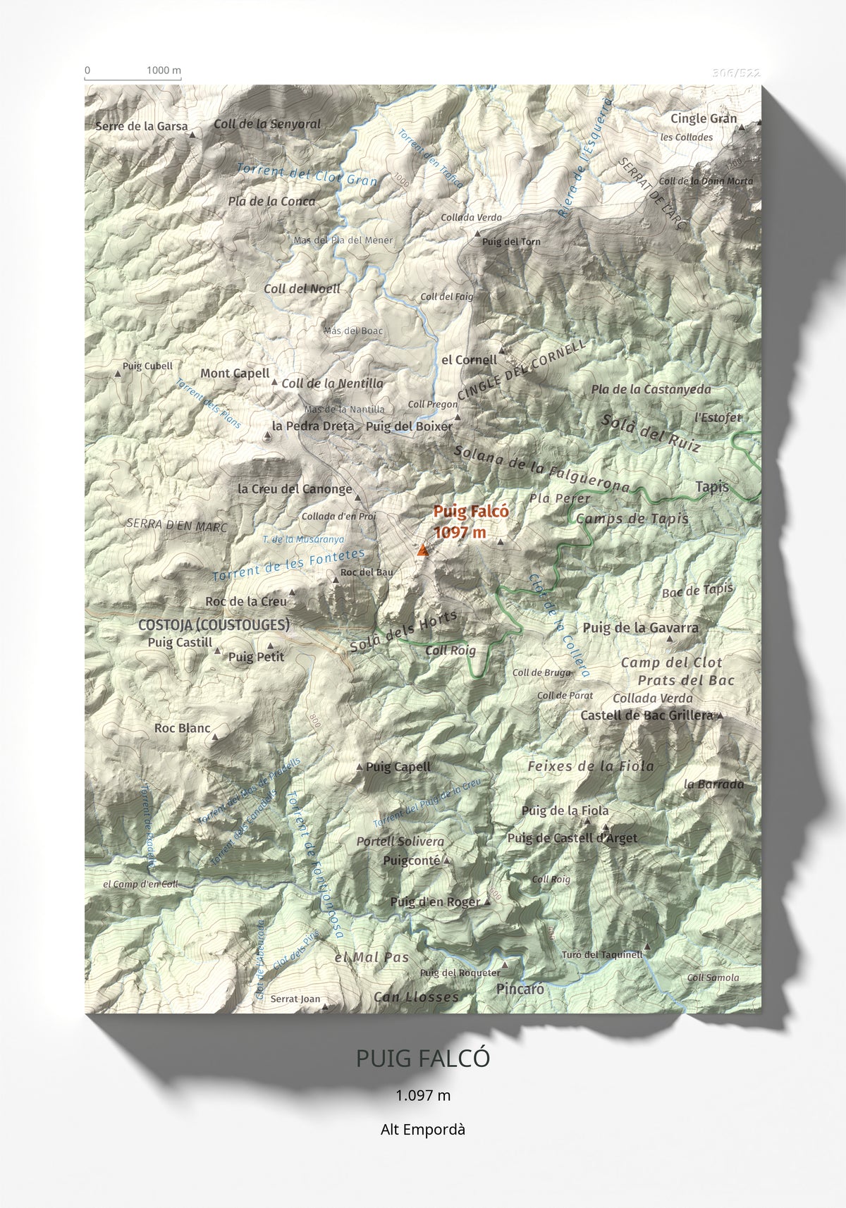 Mapa de relieve de Puig Falcó, 1097 m, Alt Empordà, lámina 100 Cims de Trobart 21 × 30 cm.