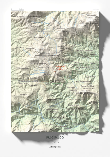 Mapa de relieve de Puig Falcó, 1097 m, Alt Empordà, lámina 100 Cims de Trobart 21 × 30 cm.