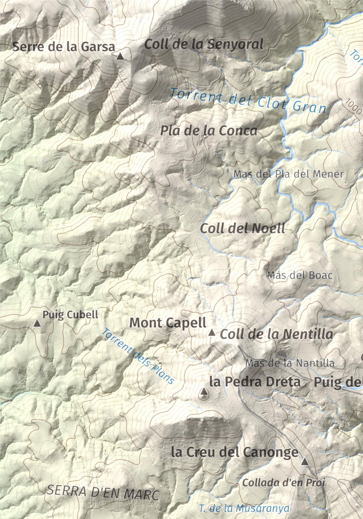 Mapa de relieve de Puig Falcó, 1097 m, Alt Empordà, lámina 100 Cims de Trobart. Detalle de la zona superior izquierda. 21 × 30 cm.