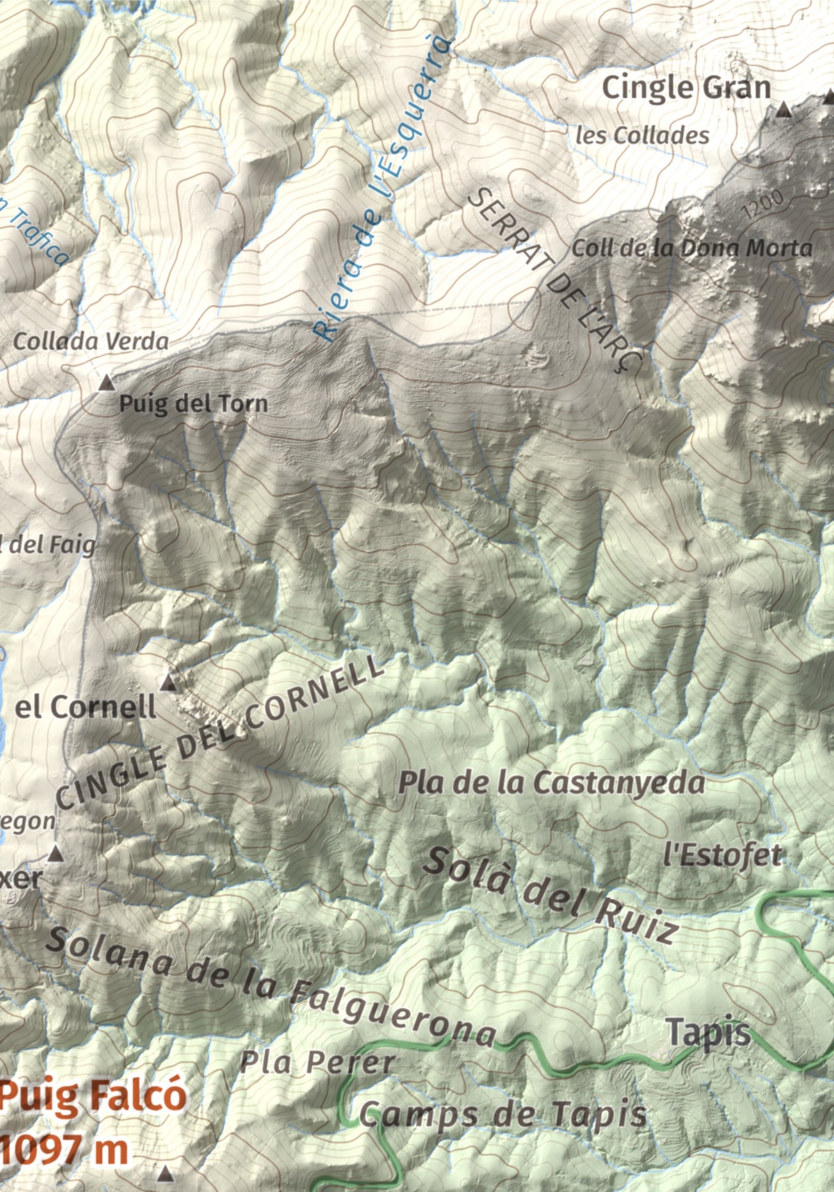 Mapa de relieve de Puig Falcó, 1097 m, Alt Empordà, lámina 100 Cims de Trobart. Detalle de la zona superior derecha. 21 × 30 cm.