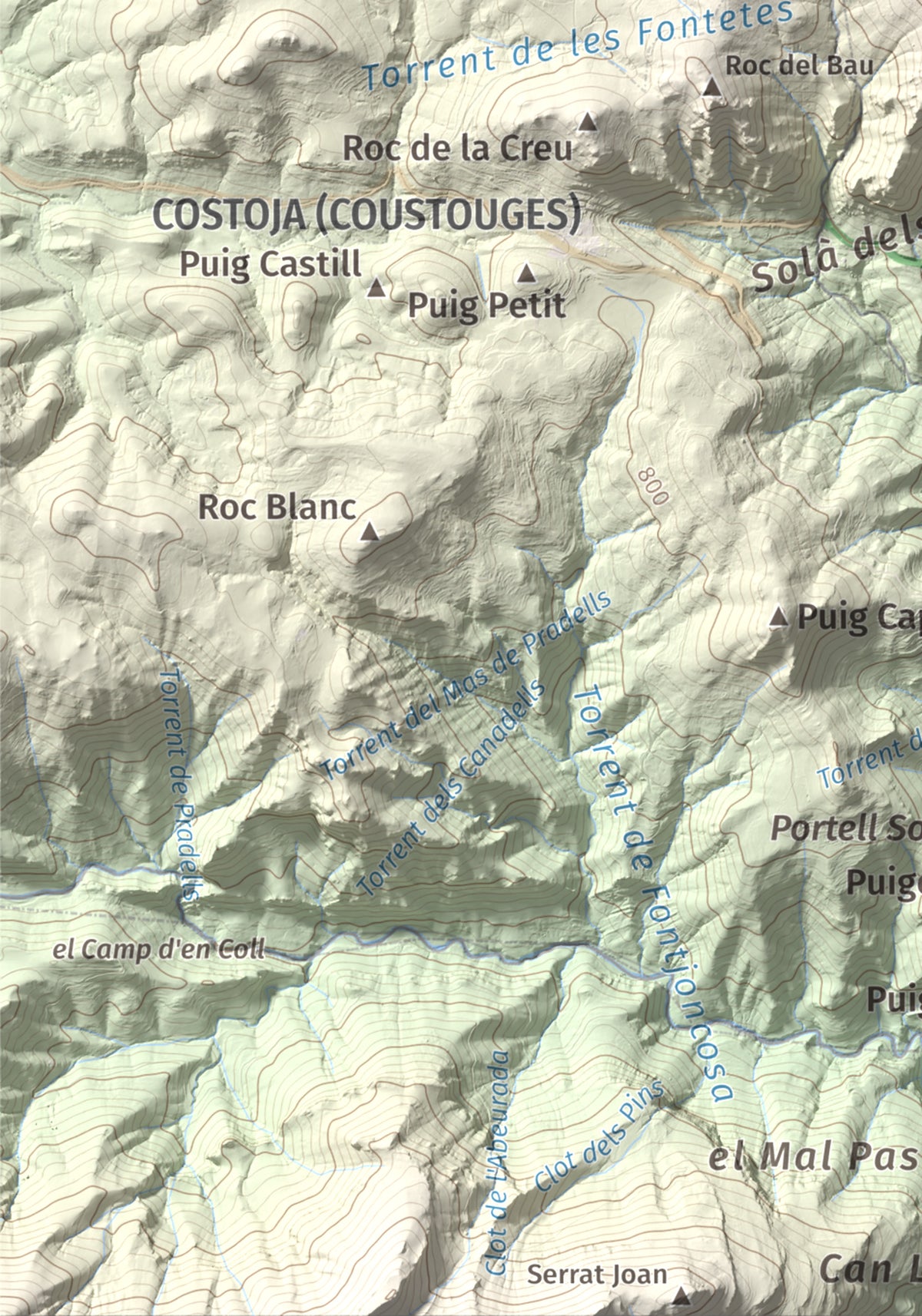 Mapa de relieve de Puig Falcó, 1097 m, Alt Empordà, lámina 100 Cims de Trobart. Detalle de la zona inferior izquierda. 21 × 30 cm.