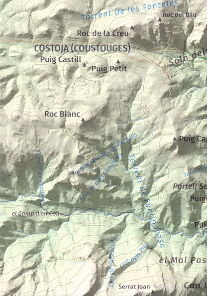 Mapa de relieve de Puig Falcó, 1097 m, Alt Empordà, lámina 100 Cims de Trobart. Detalle de la zona inferior izquierda. 21 × 30 cm.