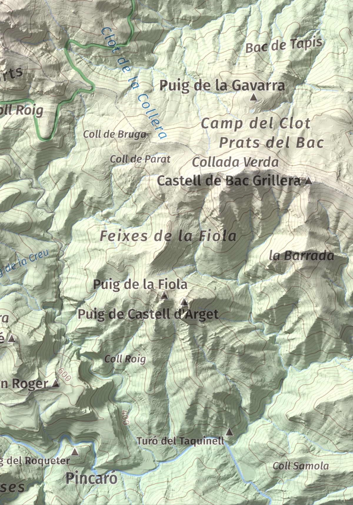 Mapa de relieve de Puig Falcó, 1097 m, Alt Empordà, lámina 100 Cims de Trobart. Detalle de la zona inferior derecha. 21 × 30 cm.