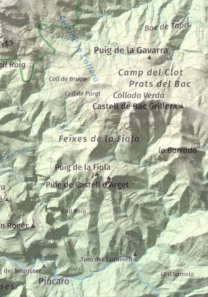 Mapa de relieve de Puig Falcó, 1097 m, Alt Empordà, lámina 100 Cims de Trobart. Detalle de la zona inferior derecha. 21 × 30 cm.