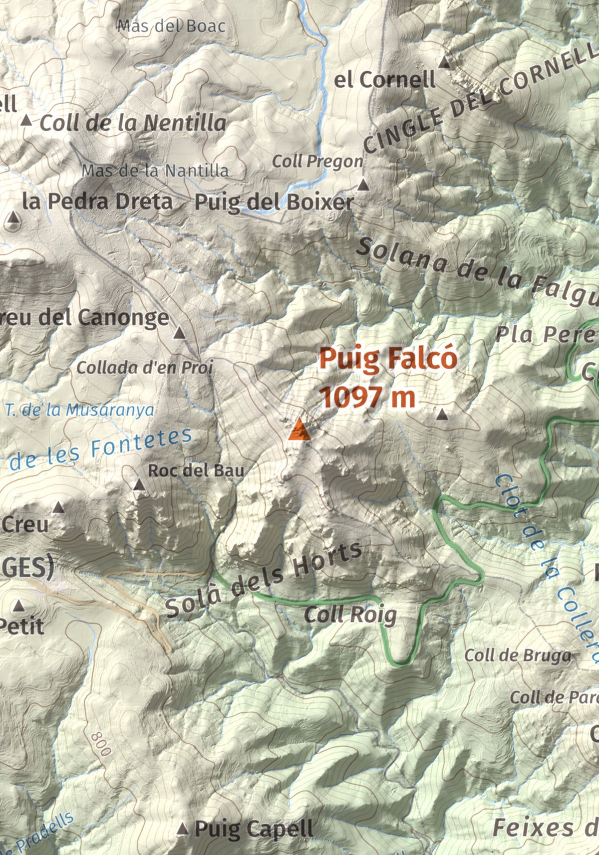 Mapa de relieve de Puig Falcó, 1097 m, Alt Empordà, lámina 100 Cims de Trobart. Detalle de la zona central. 21 × 30 cm.