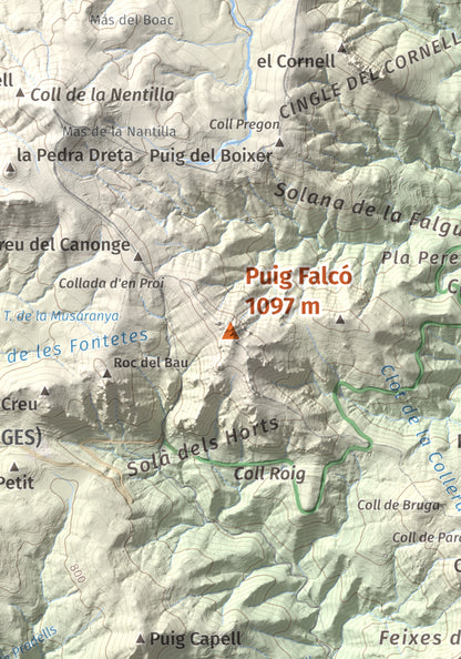 Mapa de relieve de Puig Falcó, 1097 m, Alt Empordà, lámina 100 Cims de Trobart. Detalle de la zona central. 21 × 30 cm.
