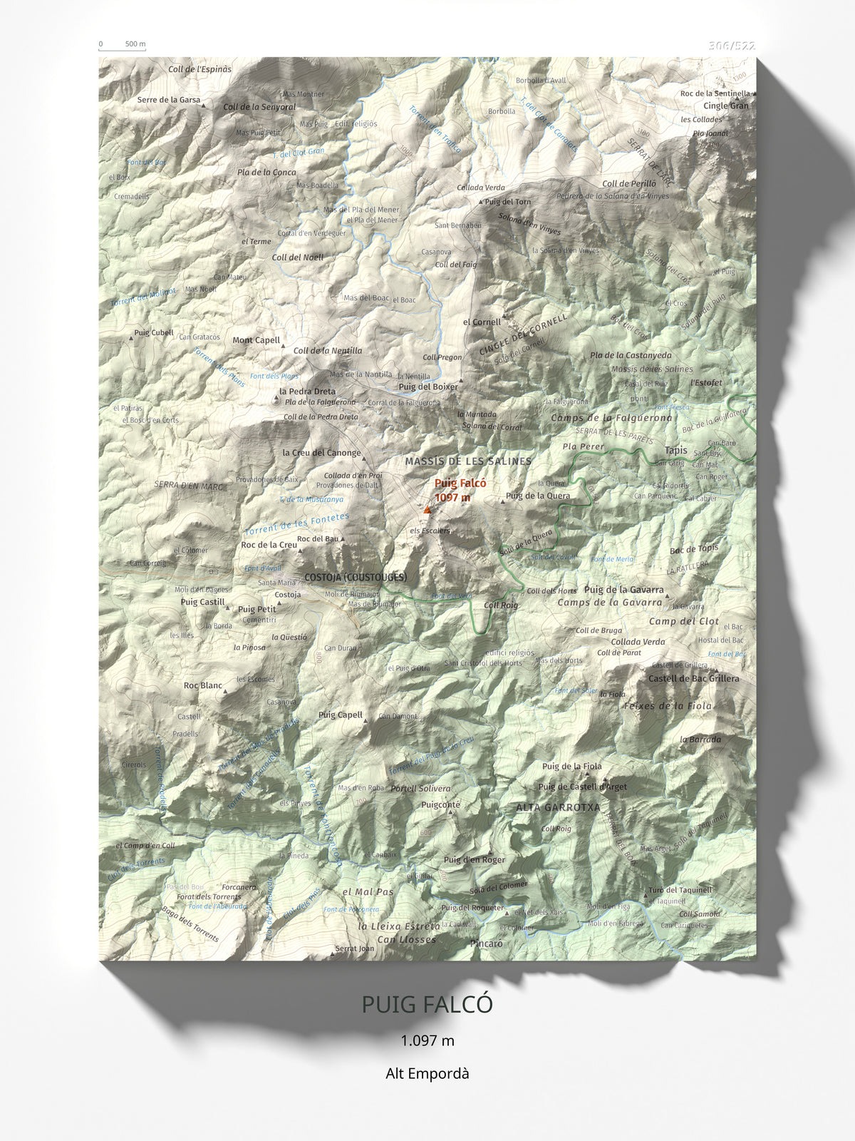 Mapa de relieve de Puig Falcó, 1097 m, Alt Empordà, lámina 100 Cims de Trobart 30 × 40 cm.
