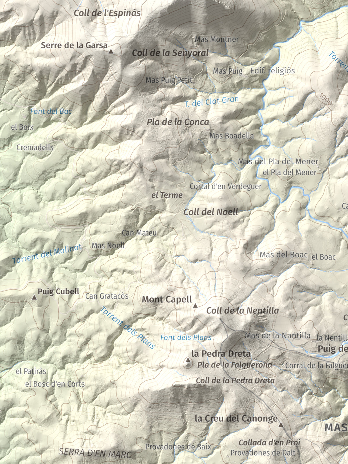 Mapa de relieve de Puig Falcó, 1097 m, Alt Empordà, lámina 100 Cims de Trobart. Detalle de la zona superior izquierda. 30 × 40 cm.