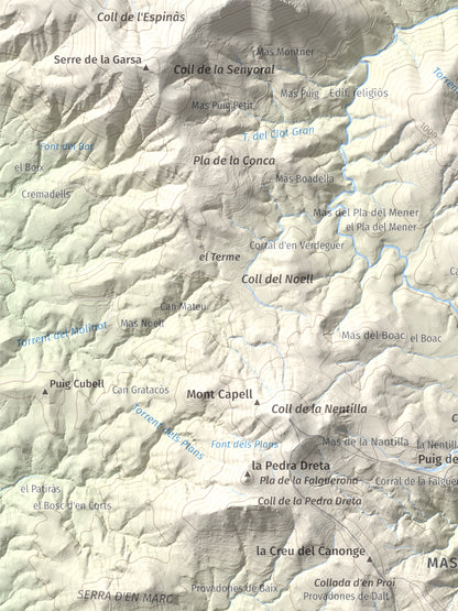 Mapa de relieve de Puig Falcó, 1097 m, Alt Empordà, lámina 100 Cims de Trobart. Detalle de la zona superior izquierda. 30 × 40 cm.