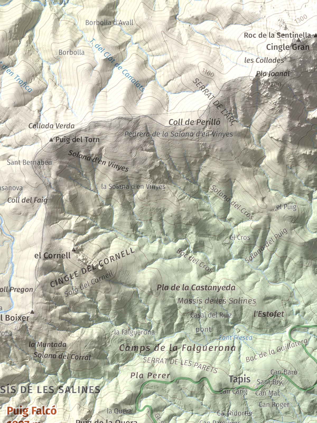 Mapa de relieve de Puig Falcó, 1097 m, Alt Empordà, lámina 100 Cims de Trobart. Detalle de la zona superior derecha. 30 × 40 cm.