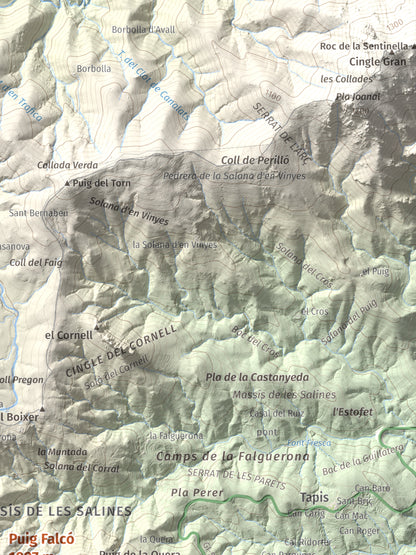 Mapa de relieve de Puig Falcó, 1097 m, Alt Empordà, lámina 100 Cims de Trobart. Detalle de la zona superior derecha. 30 × 40 cm.