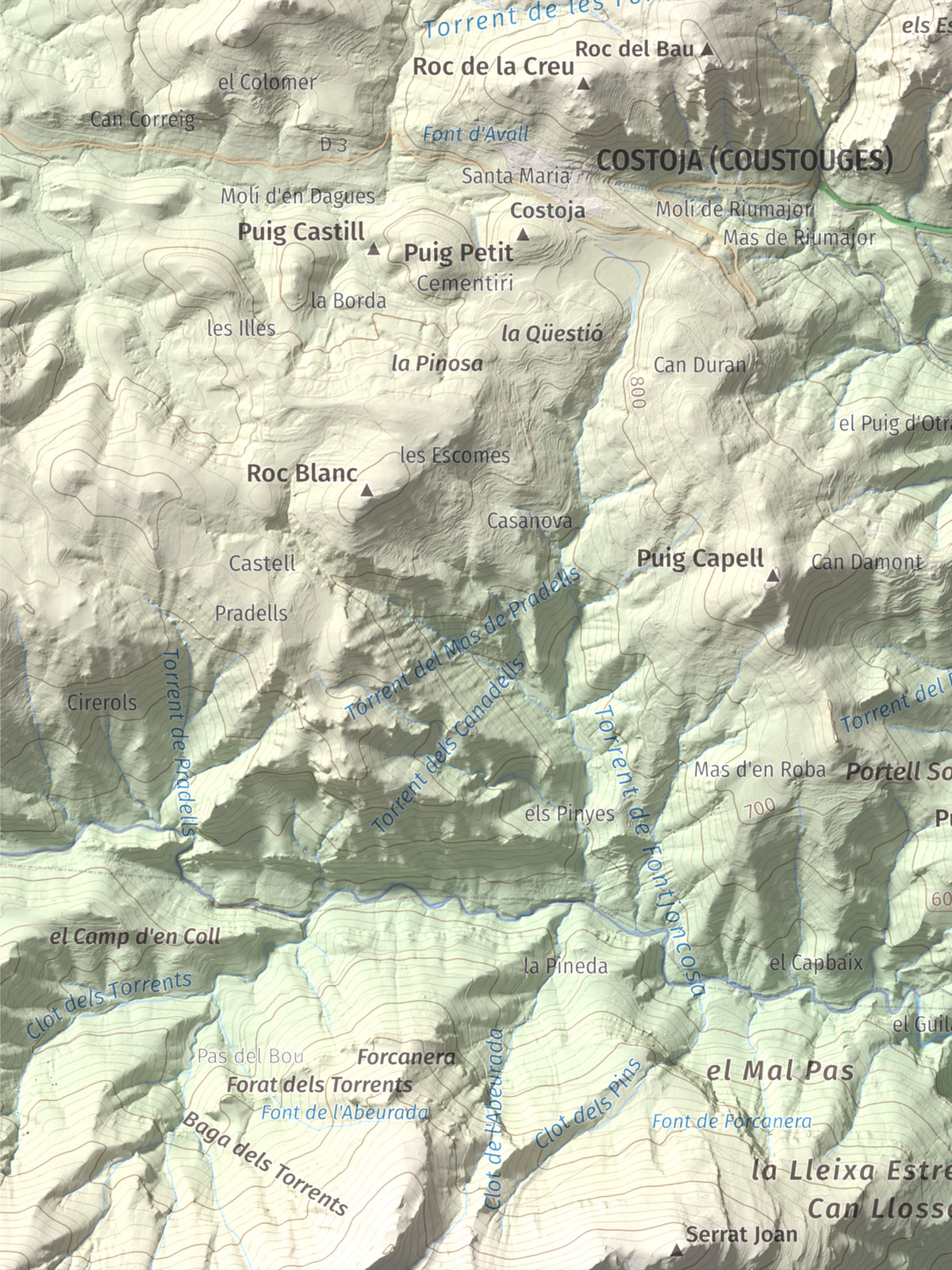 Mapa de relieve de Puig Falcó, 1097 m, Alt Empordà, lámina 100 Cims de Trobart. Detalle de la zona inferior izquierda. 30 × 40 cm.