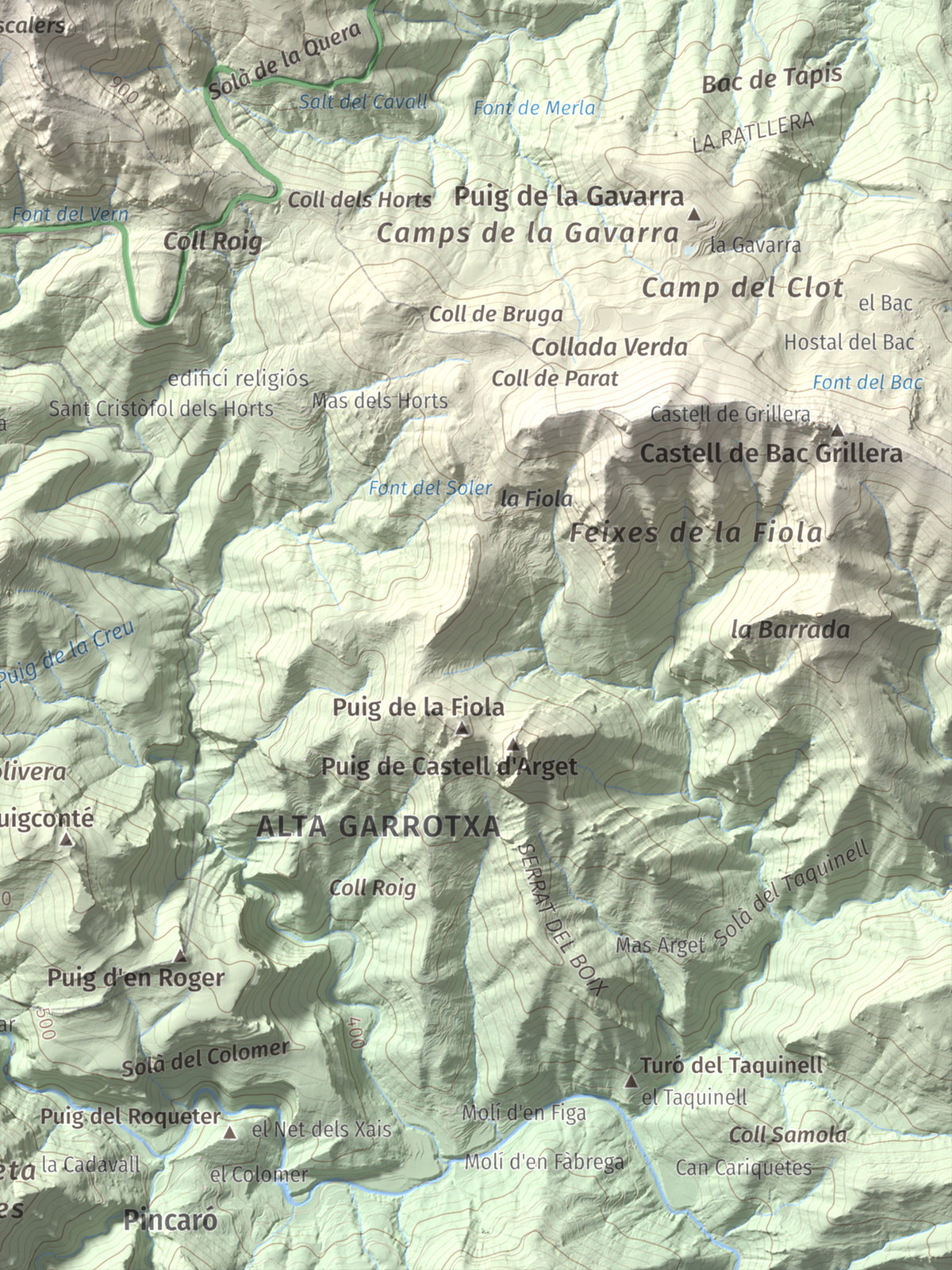 Mapa de relieve de Puig Falcó, 1097 m, Alt Empordà, lámina 100 Cims de Trobart. Detalle de la zona inferior derecha. 30 × 40 cm.