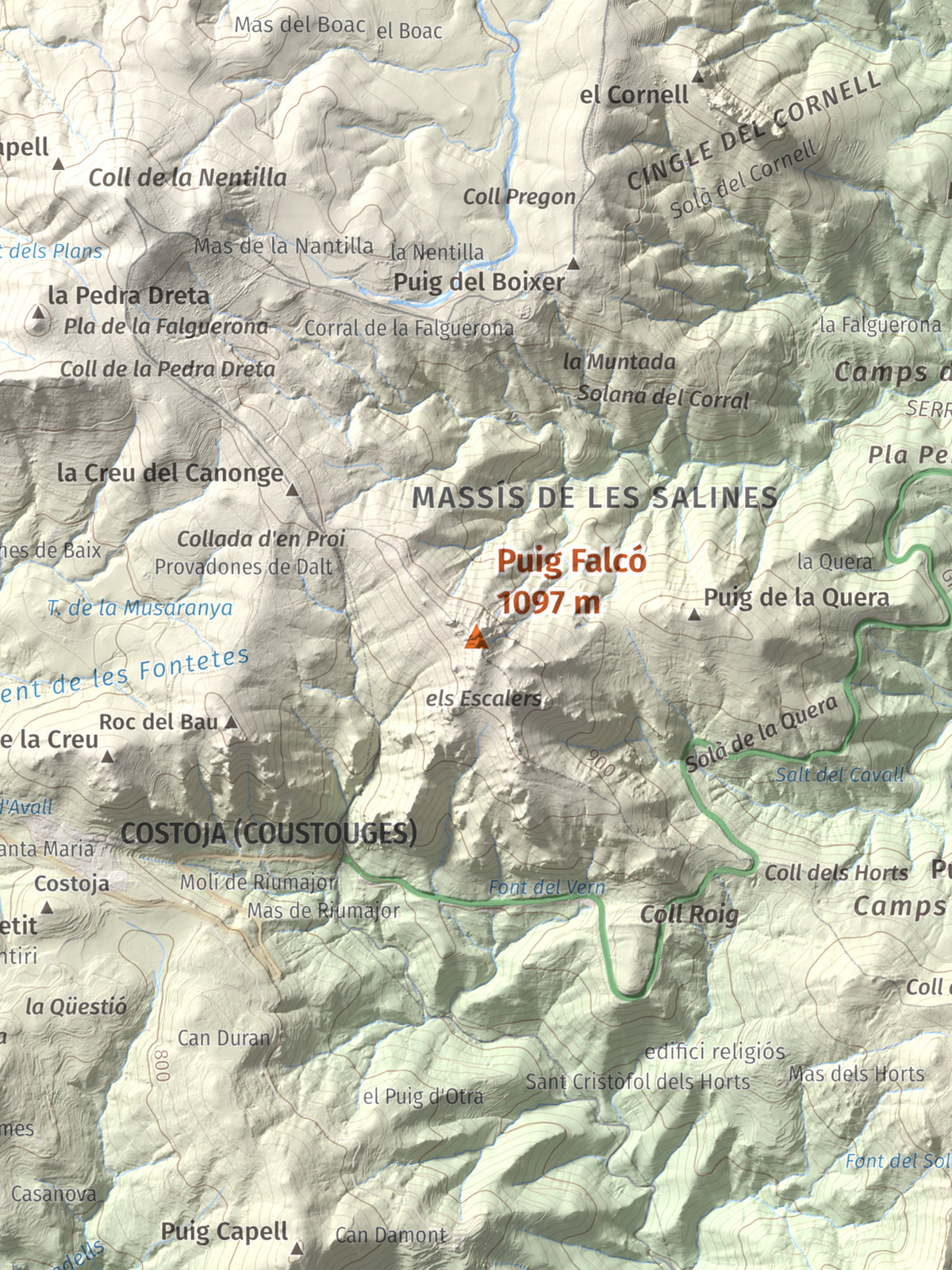 Mapa de relieve de Puig Falcó, 1097 m, Alt Empordà, lámina 100 Cims de Trobart. Detalle de la zona central. 30 × 40 cm.