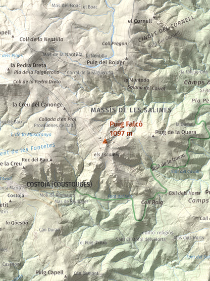 Mapa de relieve de Puig Falcó, 1097 m, Alt Empordà, lámina 100 Cims de Trobart. Detalle de la zona central. 30 × 40 cm.