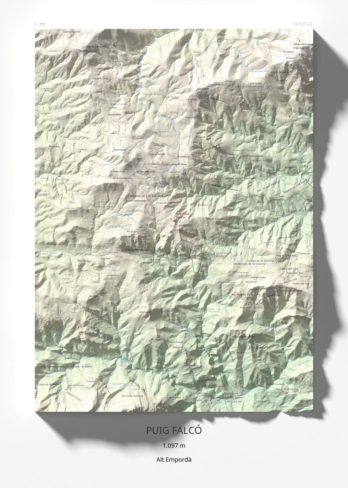 Mapa de relieve de Puig Falcó, 1097 m, Alt Empordà, lámina 100 Cims de Trobart 50 × 70 cm.