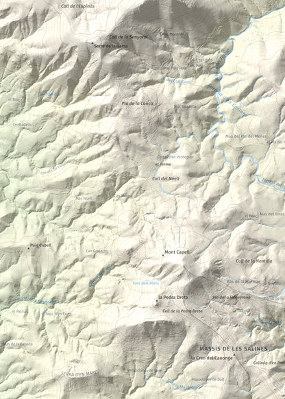 Mapa de relieve de Puig Falcó, 1097 m, Alt Empordà, lámina 100 Cims de Trobart. Detalle de la zona superior izquierda. 50 × 70 cm.