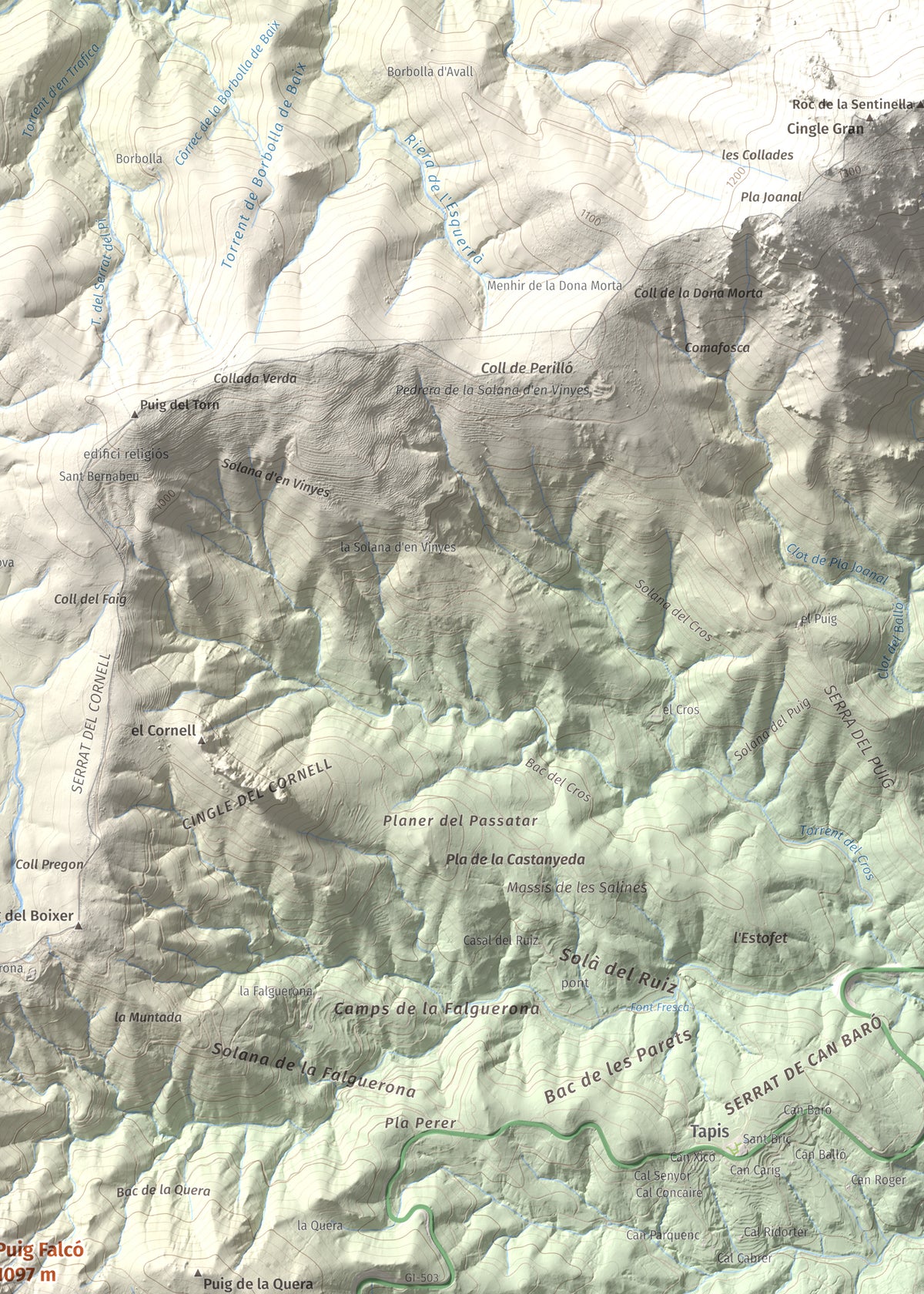 Mapa de relieve de Puig Falcó, 1097 m, Alt Empordà, lámina 100 Cims de Trobart. Detalle de la zona superior derecha. 50 × 70 cm.