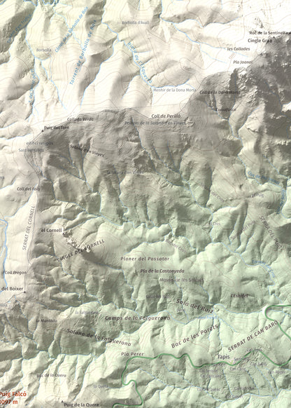 Mapa de relieve de Puig Falcó, 1097 m, Alt Empordà, lámina 100 Cims de Trobart. Detalle de la zona superior derecha. 50 × 70 cm.