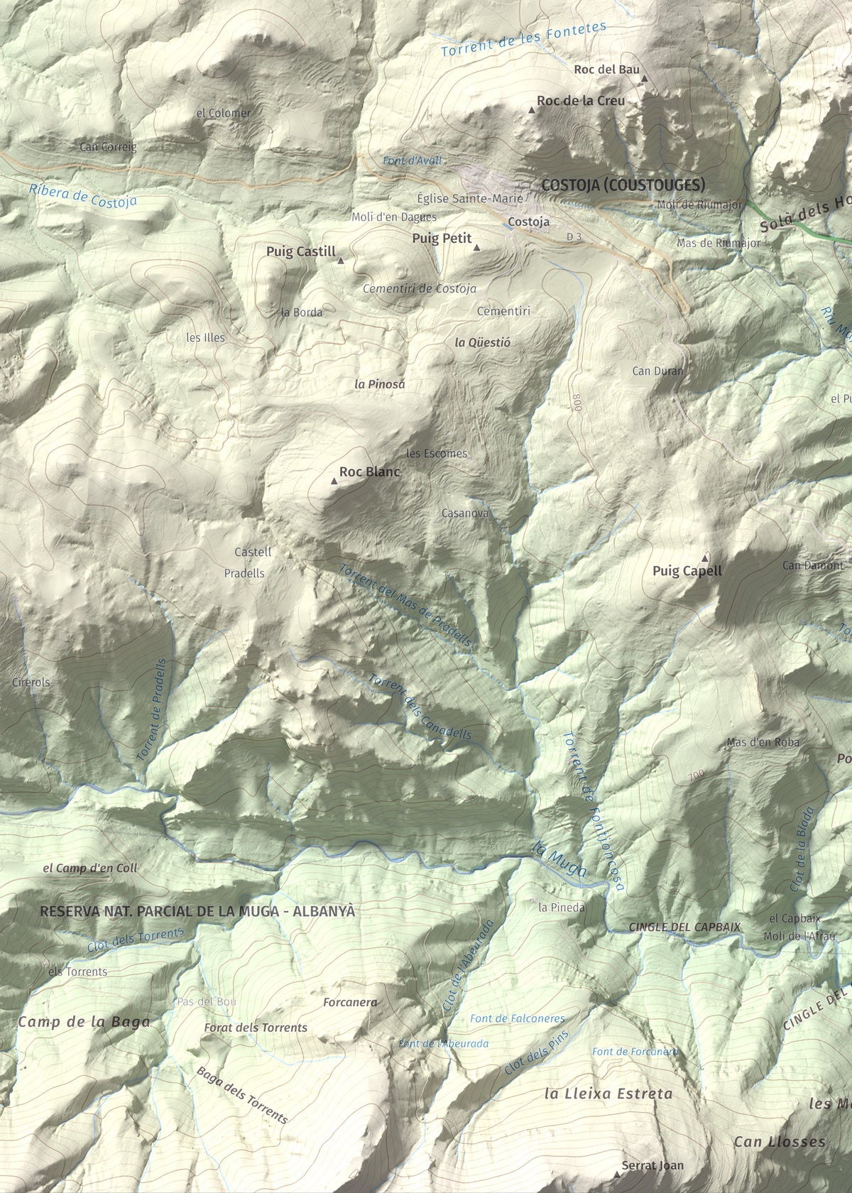 Mapa de relieve de Puig Falcó, 1097 m, Alt Empordà, lámina 100 Cims de Trobart. Detalle de la zona inferior izquierda. 50 × 70 cm.