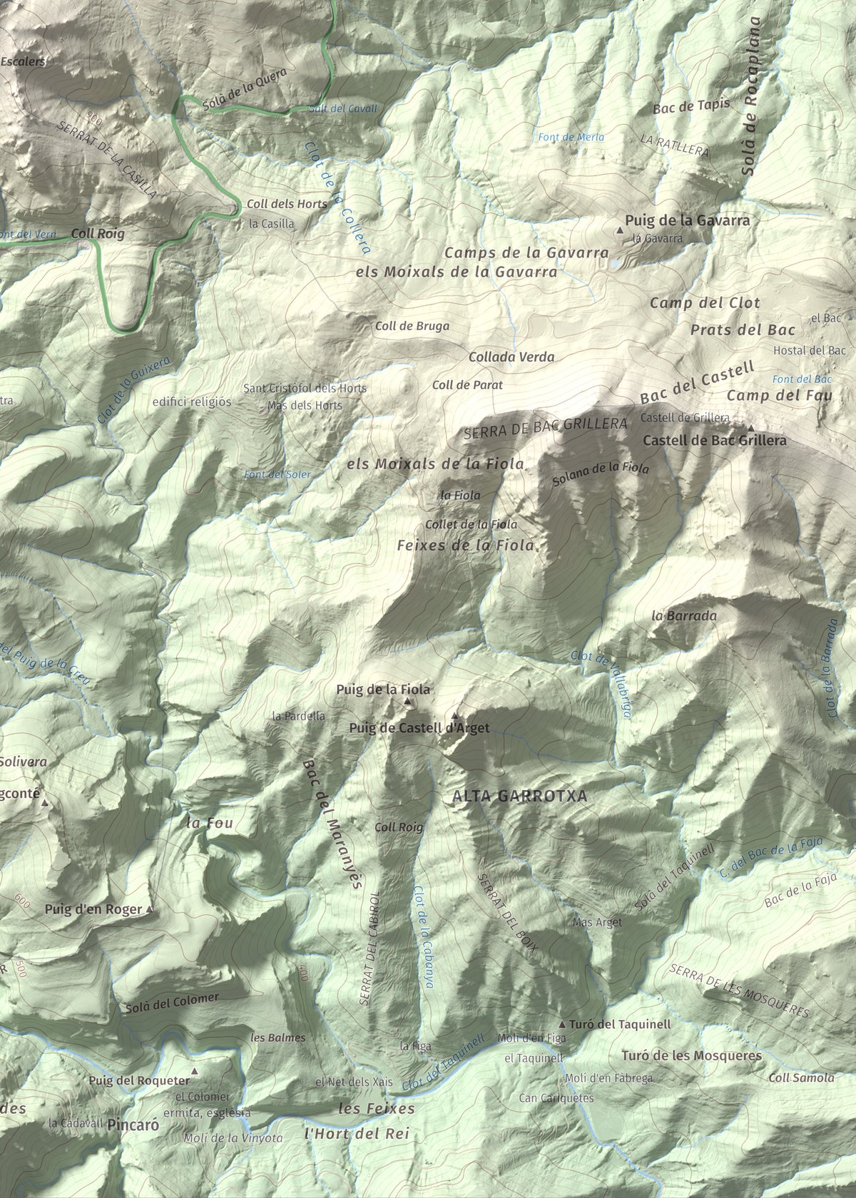 Mapa de relieve de Puig Falcó, 1097 m, Alt Empordà, lámina 100 Cims de Trobart. Detalle de la zona inferior derecha. 50 × 70 cm.