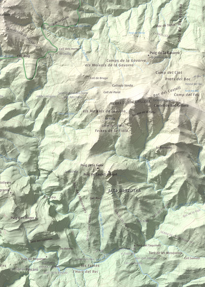 Mapa de relieve de Puig Falcó, 1097 m, Alt Empordà, lámina 100 Cims de Trobart. Detalle de la zona inferior derecha. 50 × 70 cm.