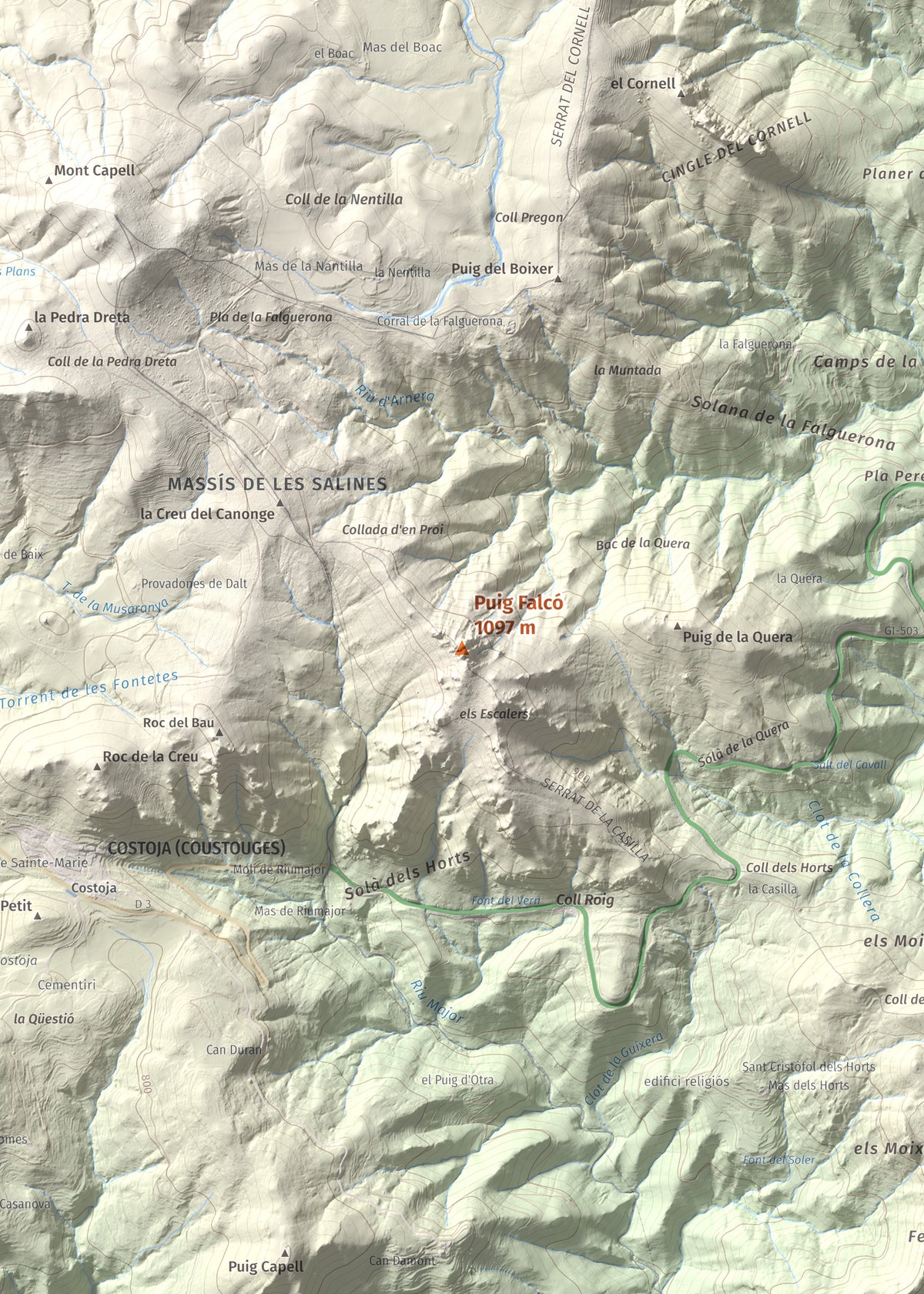 Mapa de relieve de Puig Falcó, 1097 m, Alt Empordà, lámina 100 Cims de Trobart. Detalle de la zona central. 50 × 70 cm.