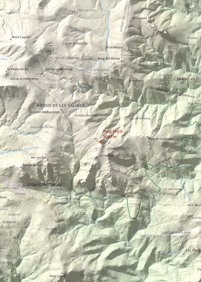 Mapa de relieve de Puig Falcó, 1097 m, Alt Empordà, lámina 100 Cims de Trobart. Detalle de la zona central. 50 × 70 cm.