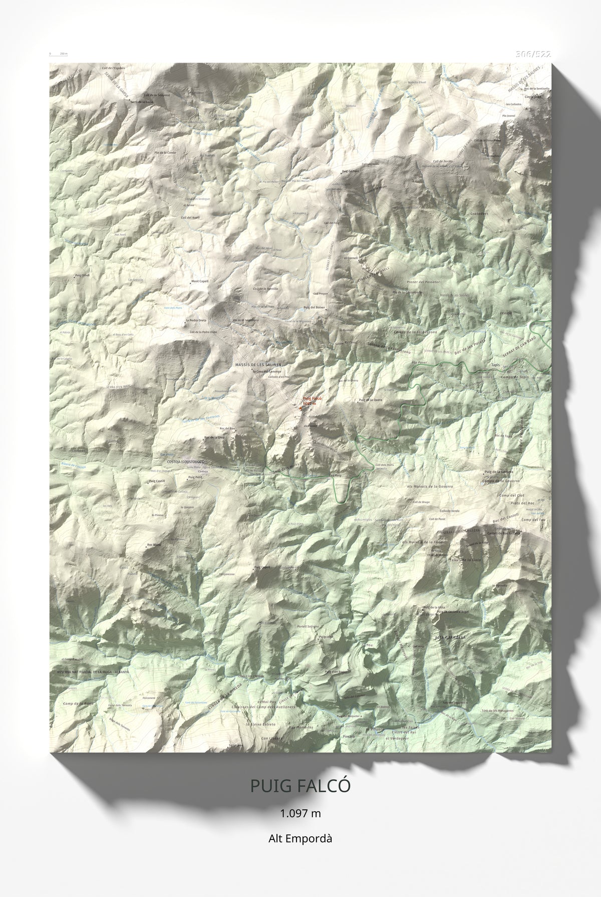 Mapa de relieve de Puig Falcó, 1097 m, Alt Empordà, lámina 100 Cims de Trobart 61 × 91 cm.