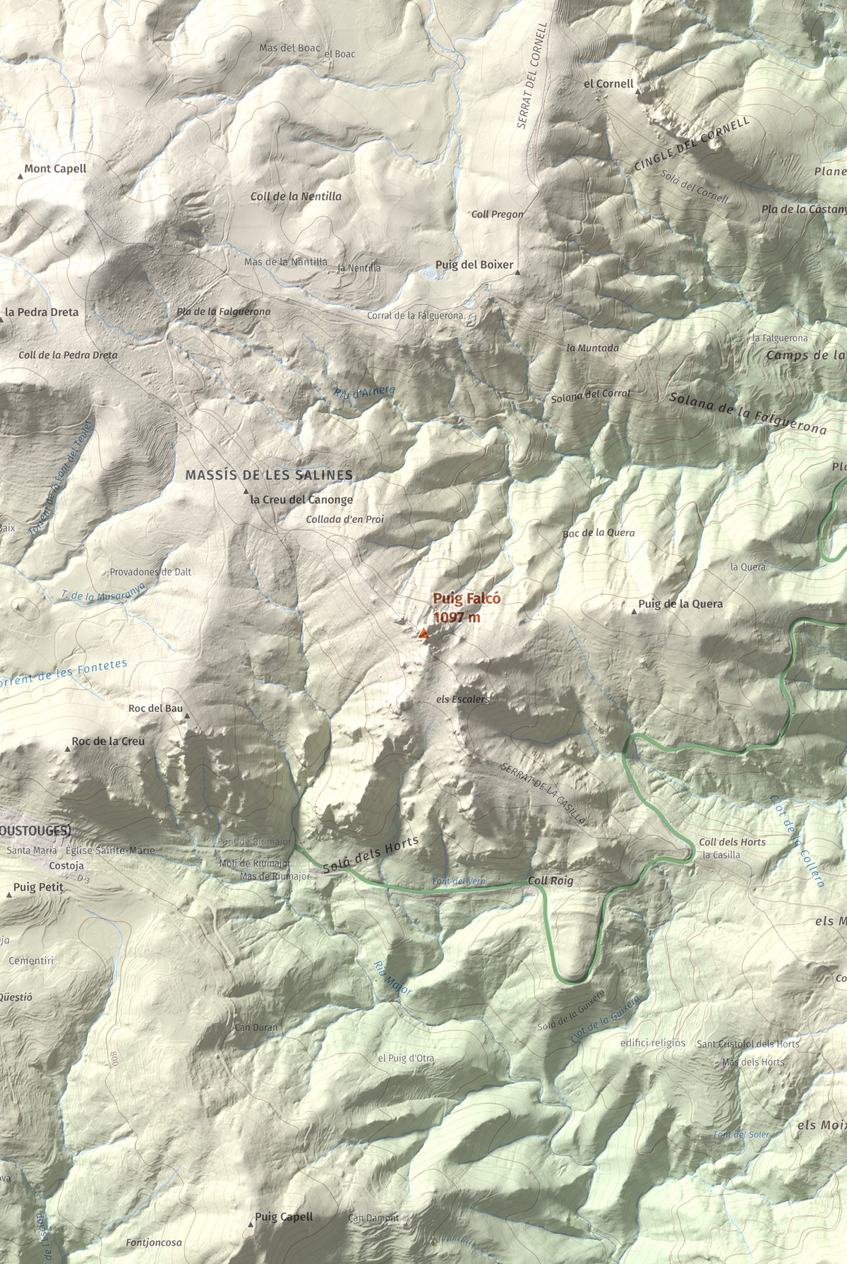 Mapa de relieve de Puig Falcó, 1097 m, Alt Empordà, lámina 100 Cims de Trobart. Detalle de la zona central. 61 × 91 cm.