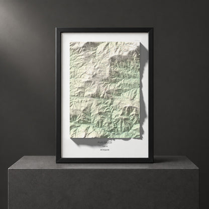 Mapa de relieve de Puig Falcó, 1097 m, Alt Empordà, lámina 100 Cims de Trobart. Presentación enmarcada. 70 × 100 cm.