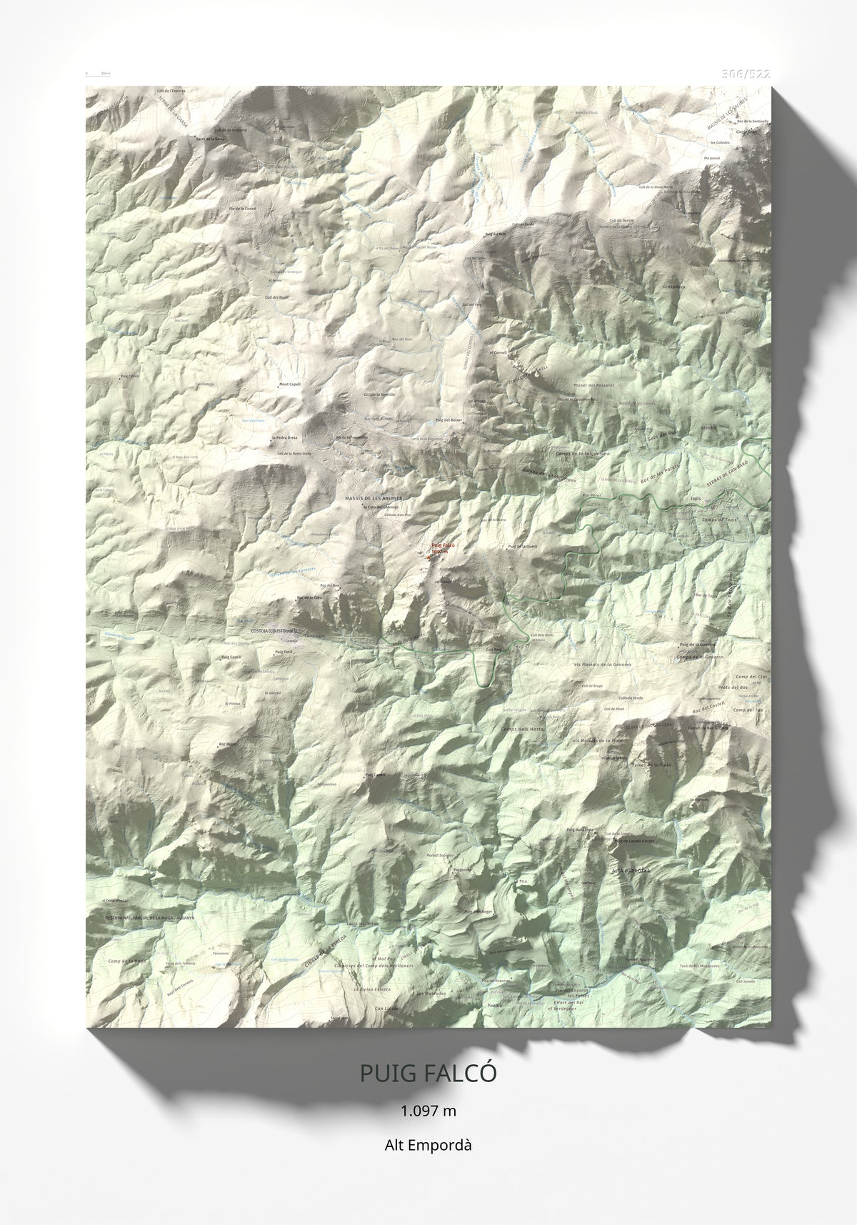 Mapa de relieve de Puig Falcó, 1097 m, Alt Empordà, lámina 100 Cims de Trobart 70 × 100 cm.