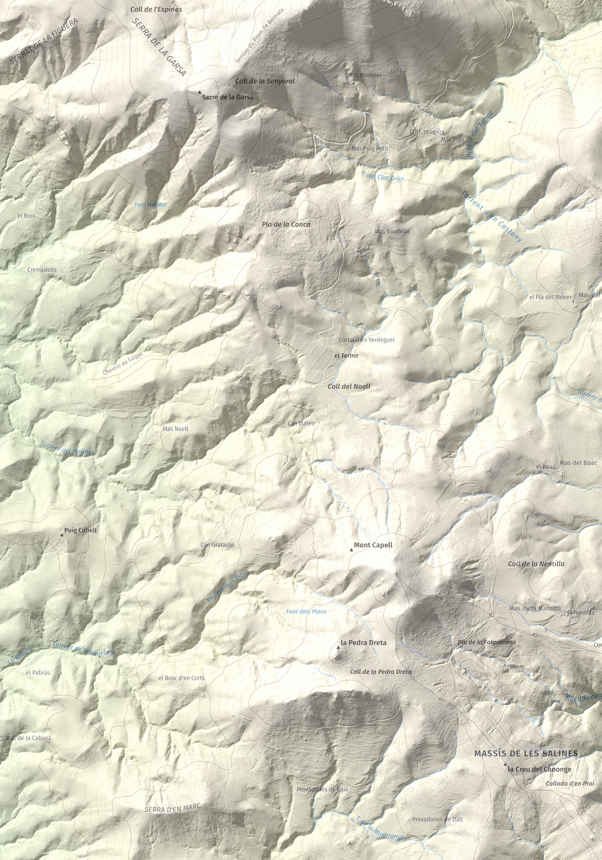 Mapa de relieve de Puig Falcó, 1097 m, Alt Empordà, lámina 100 Cims de Trobart. Detalle de la zona superior izquierda. 70 × 100 cm.