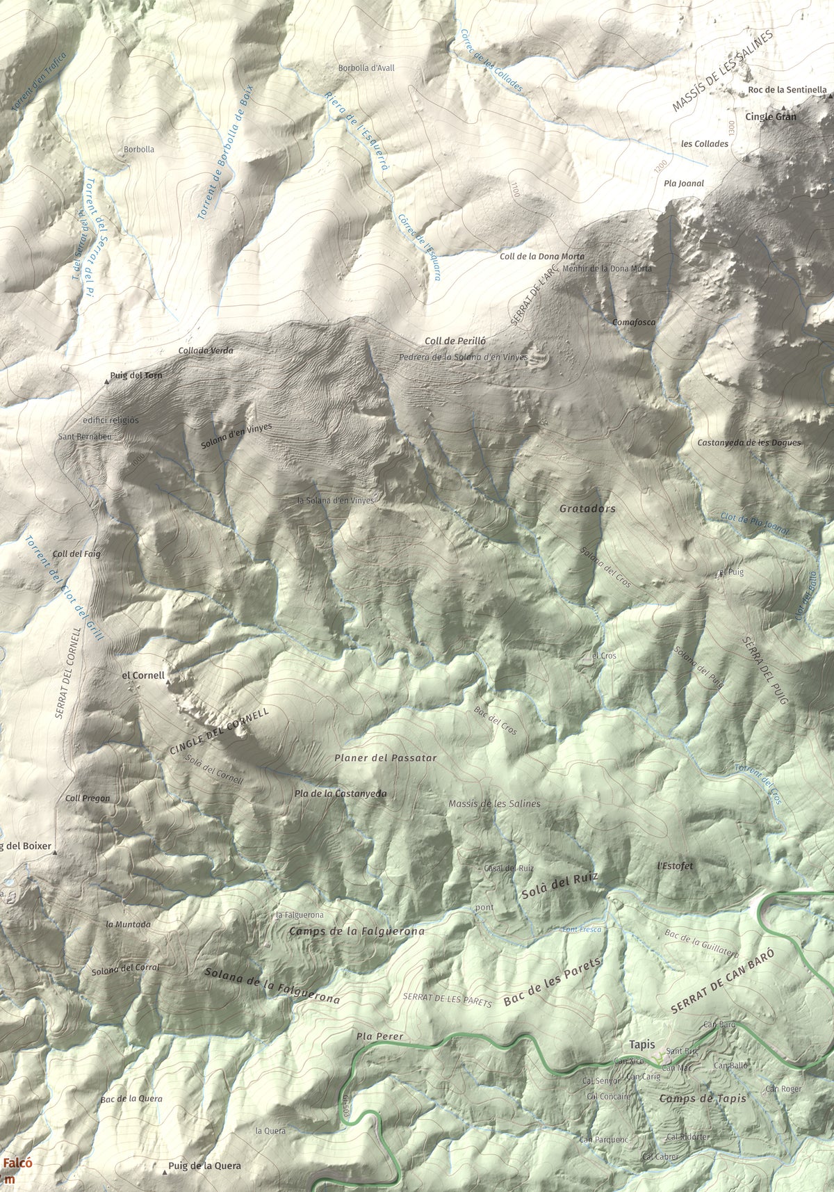 Mapa de relieve de Puig Falcó, 1097 m, Alt Empordà, lámina 100 Cims de Trobart. Detalle de la zona superior derecha. 70 × 100 cm.