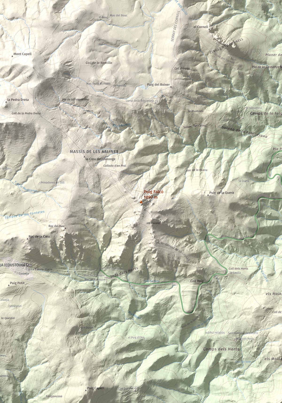 Mapa de relieve de Puig Falcó, 1097 m, Alt Empordà, lámina 100 Cims de Trobart. Detalle de la zona central. 70 × 100 cm.
