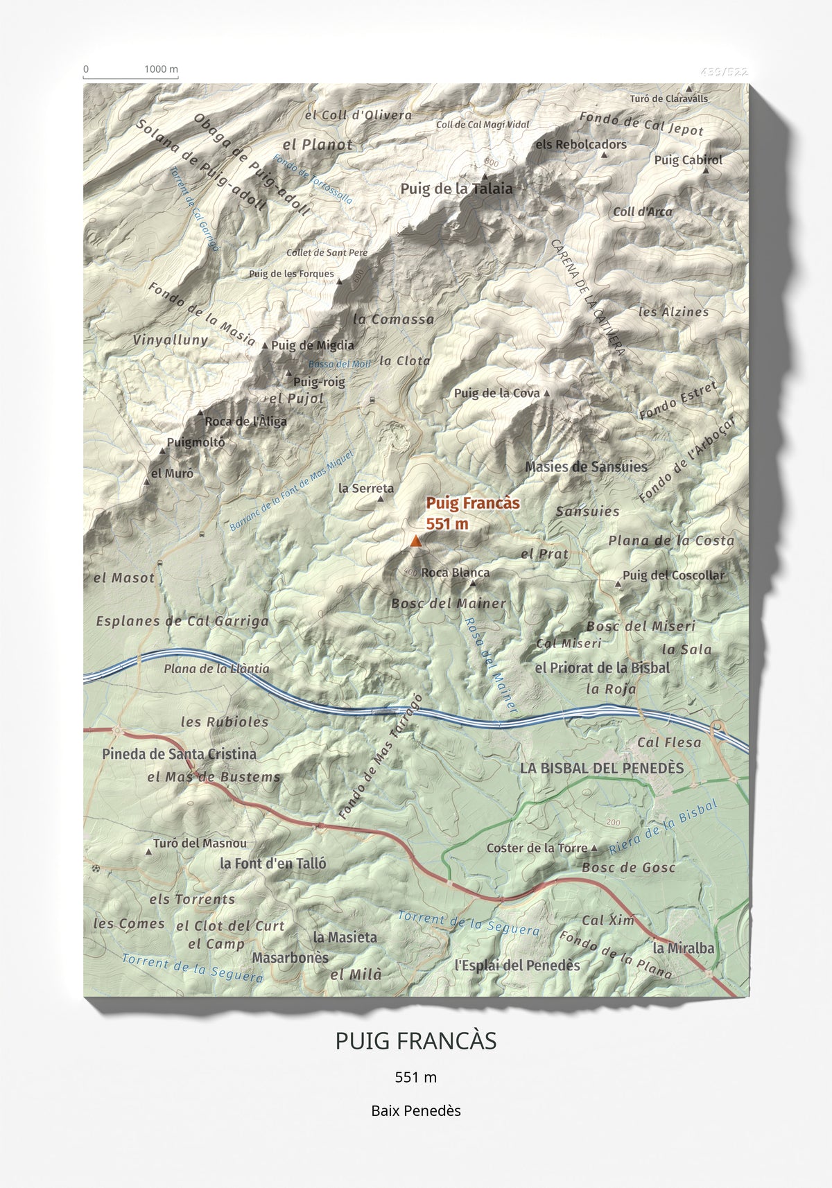 Mapa de relieve de Puig Francàs, 551 m, Baix Penedès, lámina 100 Cims de Trobart 21 × 30 cm.